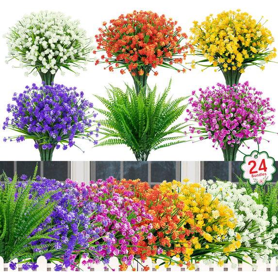 24 Paquetes de Flores Artificiales para Exterior, Flores Falsas Falsas Plantas Florales de Plástico Decoración de Primavera Verano para Exterior Hogar Patio Jardín, Multicolor