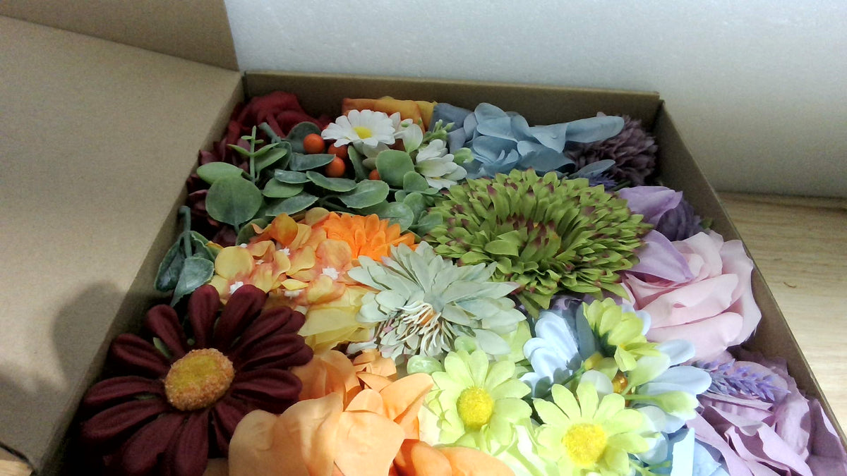 Caja Combo Flores Artificiales Coloridas Juego Arco Iris Rosas Seda con Tallos Girasol DIY Ramos Nupciales Boda Ramos Falsas Arreglos Florales Pastel Falso Flores Centros Mesa Fiesta Decoración Hogar