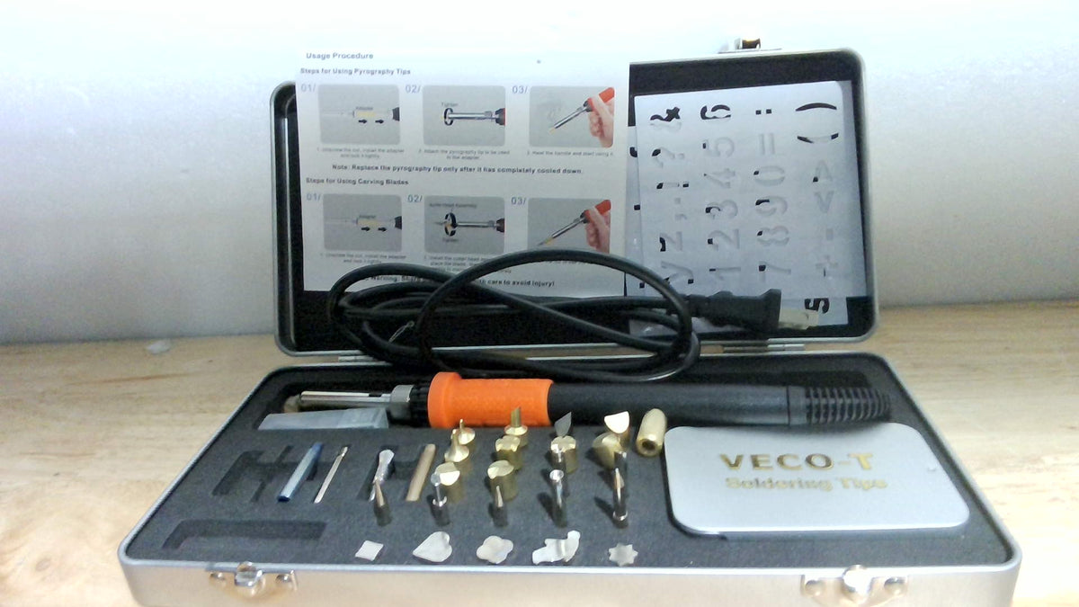 SOLO VIENEN 32 PIEZAS - Kit de Pirograbado en Madera - Lápiz Pirográfico Temperatura Ajustable, Caja Metálica, para Principiantes y Adultos