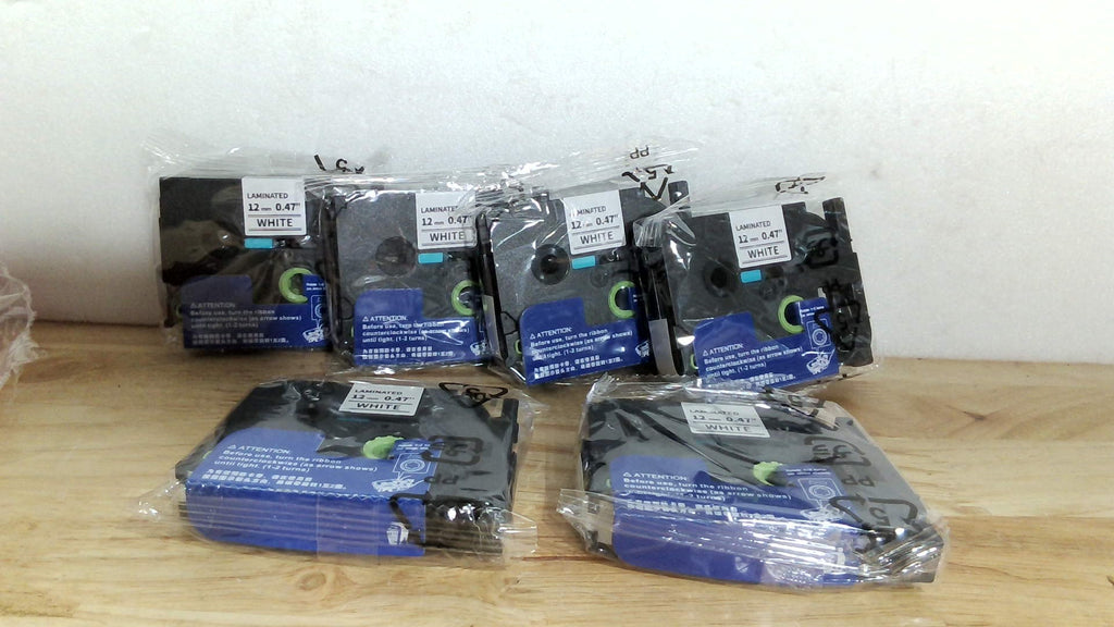 Cintas TZe Compatibles Brother PT-E300 | Pack de 6, Negro sobre Blanco, 0.472" (12mm)
