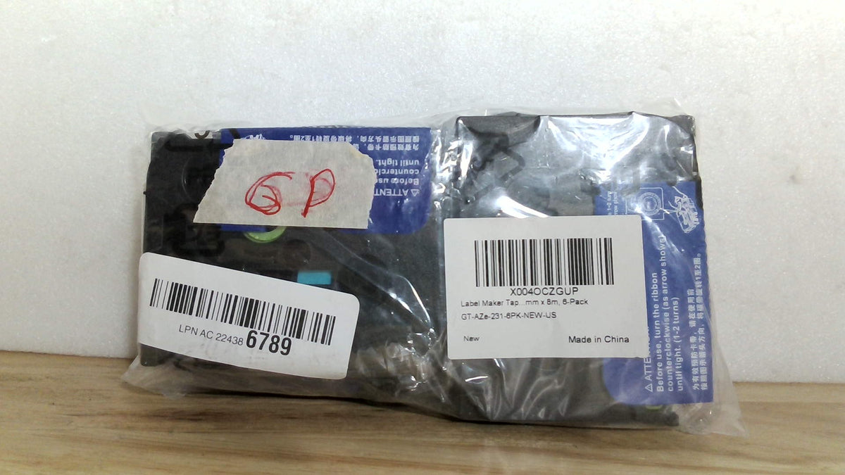 Cintas TZe Compatibles Brother PT-E300 | Pack de 6, Negro sobre Blanco, 0.472" (12mm)