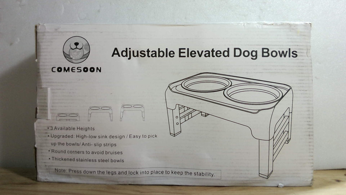 Comedero Elevado para Perros COMESOON – Soporte Ajustable 3 Alturas, 2 Tazones Acero Inoxidable 6", Antideslizante, Negro