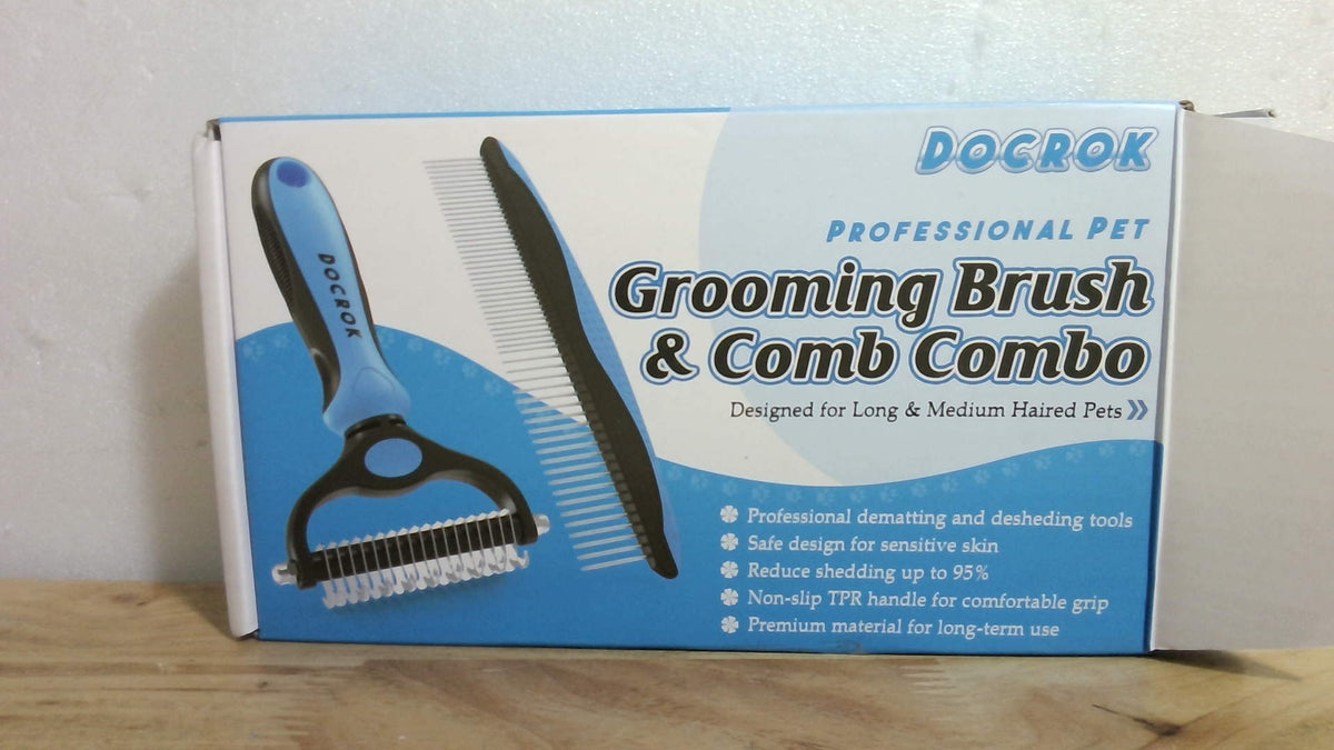 Kit de Grooming Docrok 2 en 1 para Perros y Gatos – Cepillo Antipeñusco y Peine de Metal para Pelo Largo y Enredado, Azul