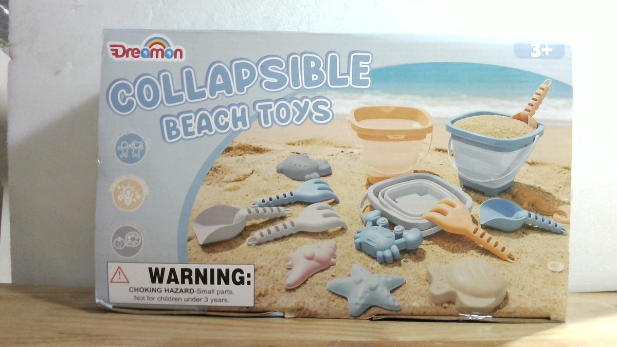 Set de 3 Cubetas Plegables de Playa con Palas y Moldes de Arena para Niños – Azul, Gris y Naranja