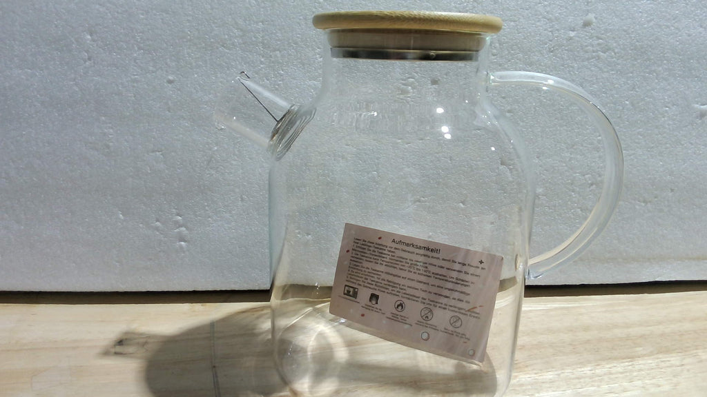 Tetera de Vidrio Borosilícato 1.8L con Colador y Tapa de Madera | Apta para Estufa y Microondas — Té de Hojas Sueltas y Frutas
