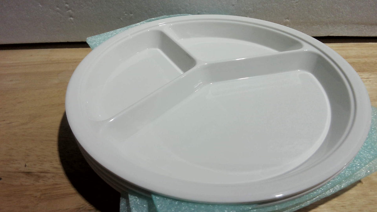 Portion Control Plates, 10-Inch Melamine Divided Plates, Set of 4, White | White Sectioned Plates with 3 Compartments and 1/2-1/4-1/4 Layout; BPA-Free, Dishwasher Safe and Stackable for Meal Prep.