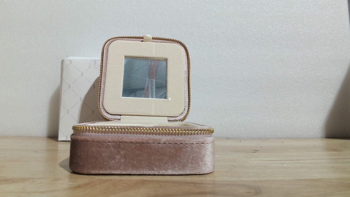 Estuche de Viaje para Joyas TAIMY – Terciopelo Suave, Mini Joyero Portátil con Espejo, Melocotón Rosado