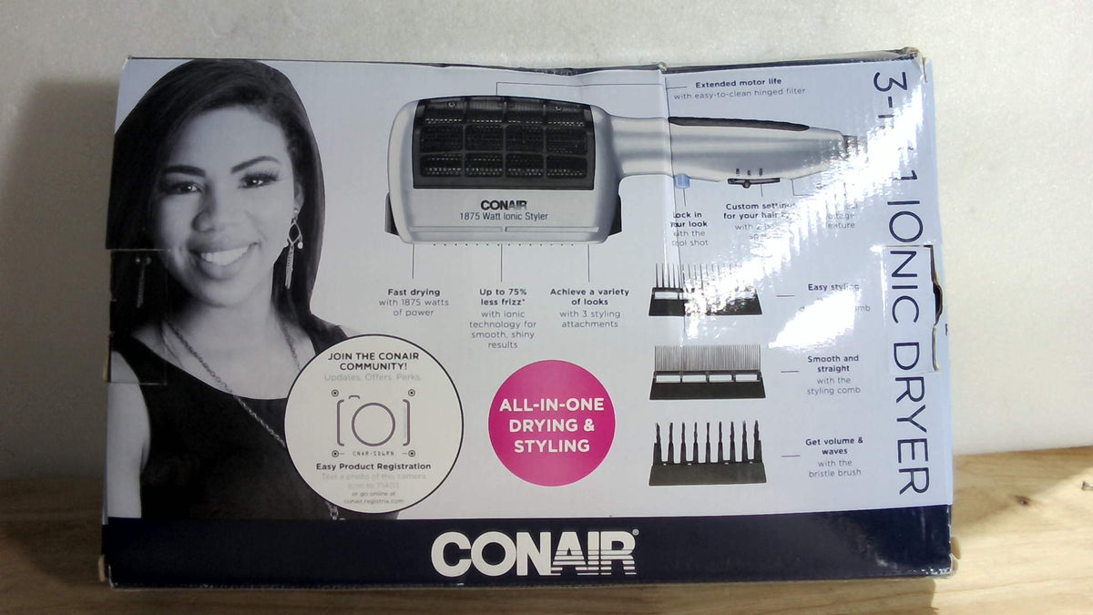 Secador de pelo Conair 3 en 1, 1875 W, con 3 accesorios para desenredar, alisar y dar volumen, tecnología iónica, doble voltaje.