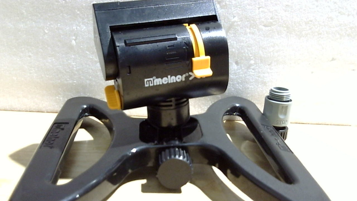 Aspersor oscilante turbo Melnor 65131AMZ MiniMax, 4000 pies cuadrados, ajustable en 4 direcciones, paquete de conexión rápida, negro, amarillo