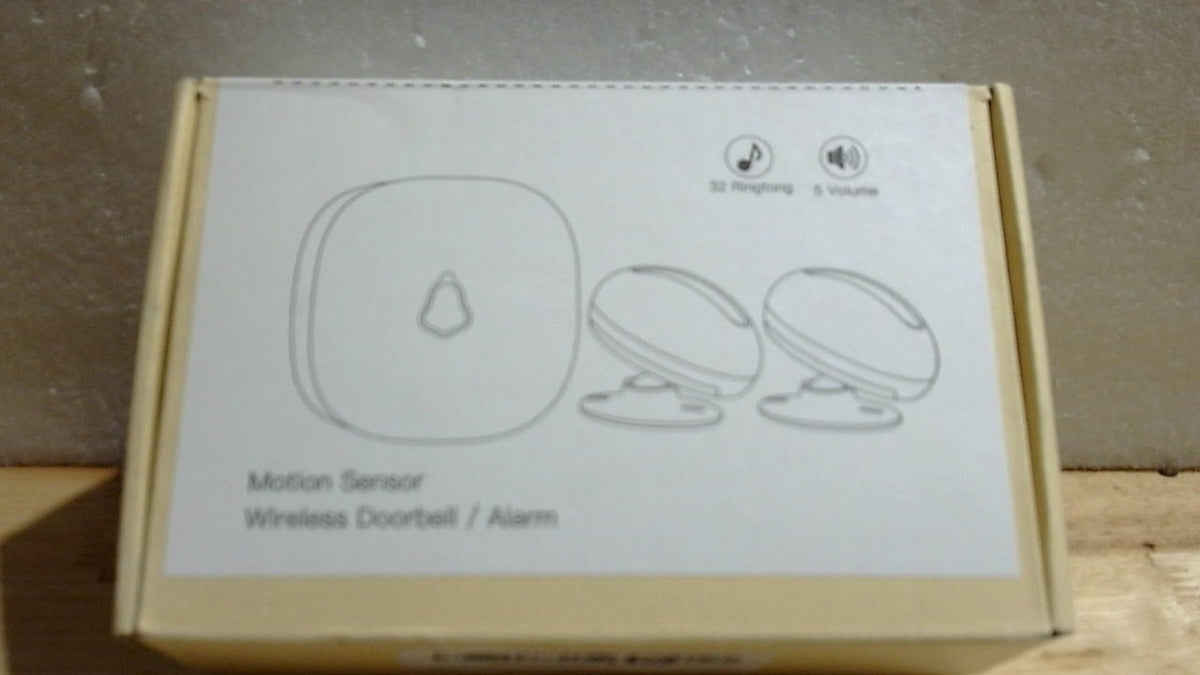 Timbre inalámbrico con sensor de movimiento: Alarma con detector de movimiento para interiores, timbre de entrada para negocios y tiendas (alcance de 305 metros, 32 melodías, 5 niveles de volumen), 2 sensores, 1 receptor.