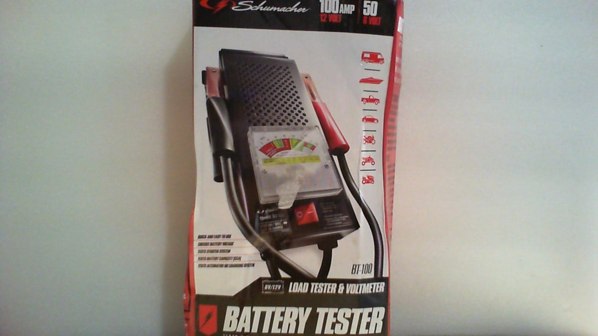 Probador de carga y voltímetro para baterías de coche Schumacher Electric de 100 A, para baterías de hasta 1000 amperios de arranque, diagnóstico del sistema de carga, para baterías de 6 V/12 V para vehículos deportivos, automóviles y embarcaciones