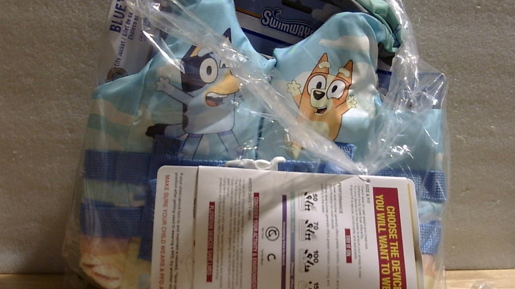 Chaleco salvavidas SwimWays Bluey, chaleco de natación para niños aprobado por la Guardia Costera de EE. UU., de 15 a 25 kg, color azul.