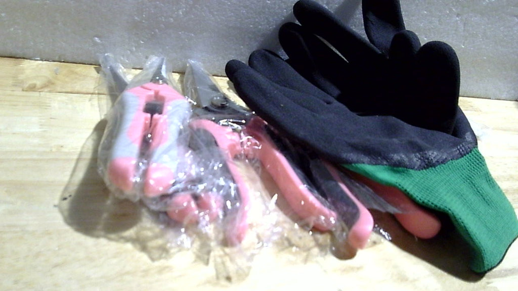 Juego de 4 tijeras de podar de jardín con hojas de acero inoxidable, tijeras de podar manuales con guantes de jardinería (rosa)