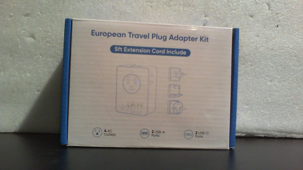 Kit adaptador de enchufe de viaje europeo Kakyanill, cable de extensión desmontable de 1, 5 m con enchufe tipo C/G/E/F, 4 tomas de corriente alterna, suministro de energía USB C de 20 W, adaptador de enchufe de viaje para Reino Unido, Alemania