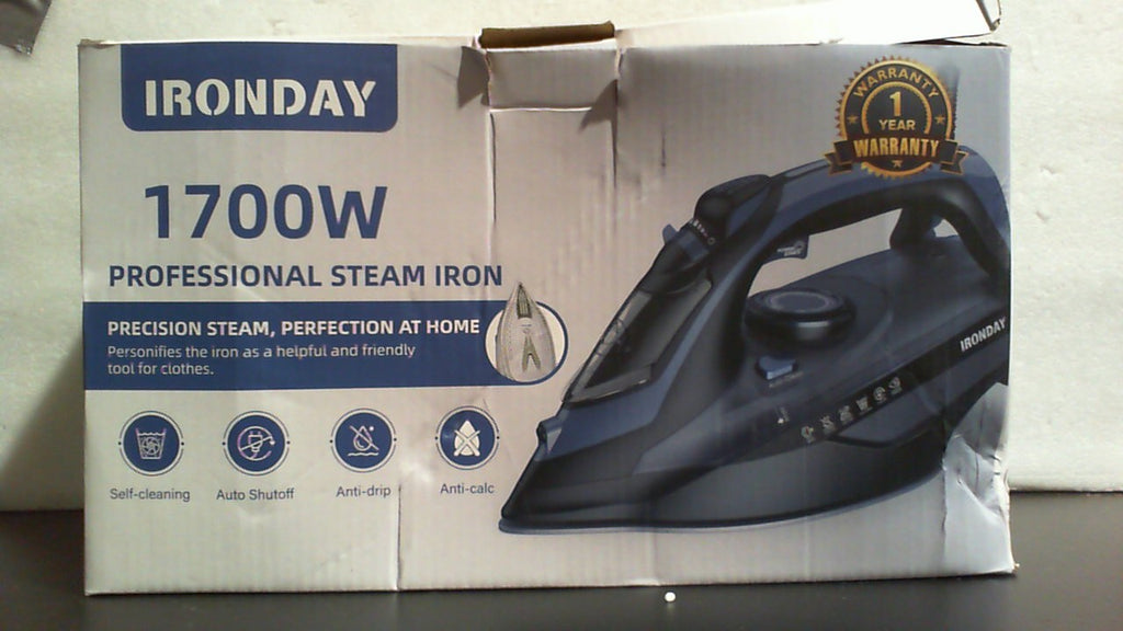 Plancha de vapor IRONDAY para ropa, calentamiento rápido en 20 s, 1700 W, depósito de agua grande de 430 ml, apagado automático de 3 vías, vapor potente, pulverizador, antigoteo, autolimpieza, planchado vertical para el hogar, color azul.