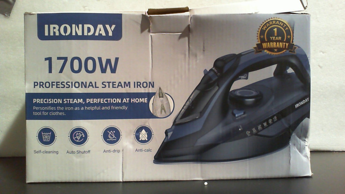 Plancha de vapor IRONDAY para ropa, calentamiento rápido en 20 s, 1700 W, depósito de agua grande de 430 ml, apagado automático de 3 vías, vapor potente, pulverizador, antigoteo, autolimpieza, planchado vertical para el hogar, color azul.