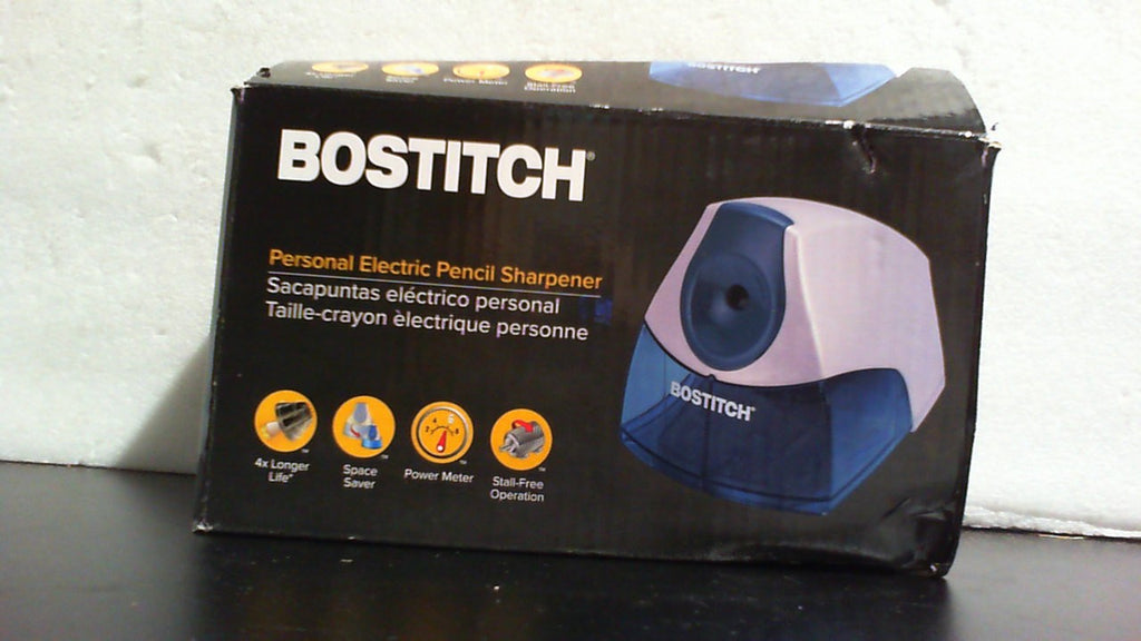 Sacapuntas eléctrico Bostitch Office para uso en aula y escritorio, motor resistente que no se atasca, bandeja de virutas de gran capacidad, azul.