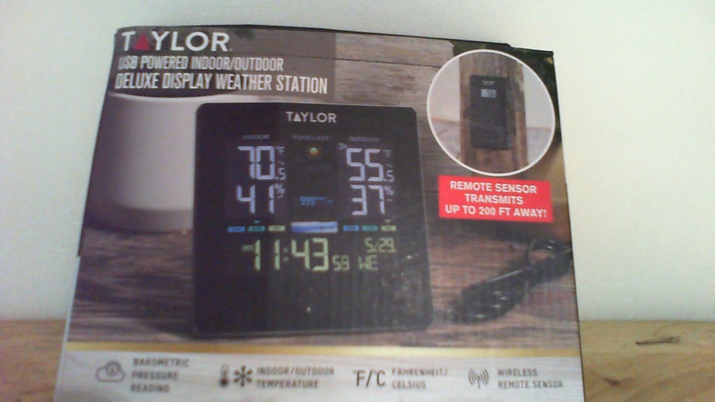 Termómetro digital inalámbrico de lujo Taylor para interiores y exteriores, estación meteorológica con pronóstico, calendario y reloj, pantalla de fácil lectura para el hogar, la oficina, el invernadero, la guardería y áreas interiores, LCD, negro.
