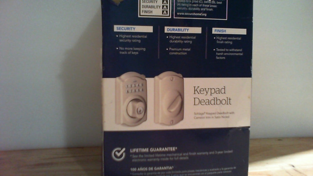 Cerradura electrónica con teclado Schlage Camelot, entrada sin llave para puerta principal, incluye llave mecánica de respaldo, níquel satinado, BE365 V CAM 619