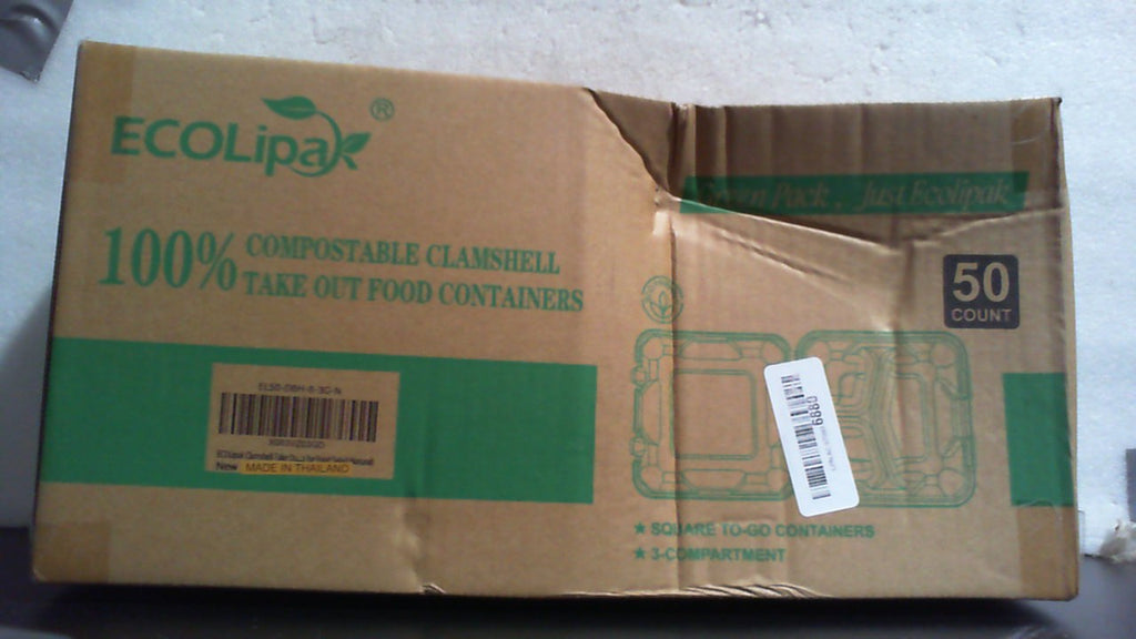 Paquete de 50 envases compostables para comida para llevar ECOLipak, 8 pulgadas, 3 compartimentos