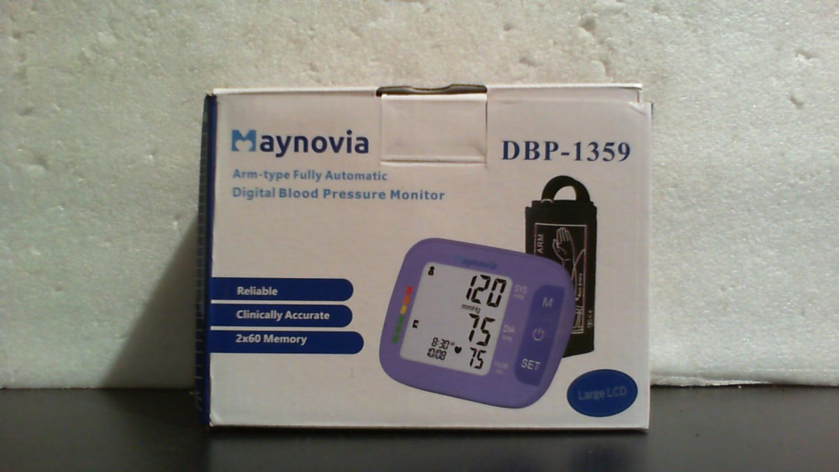 Monitor de presión arterial Maynovia para uso doméstico, brazalete grande para el brazo con retroiluminación, tensiómetro digital automático para personas mayores, monitor de frecuencia cardíaca y bolsa de almacenamiento (morado).