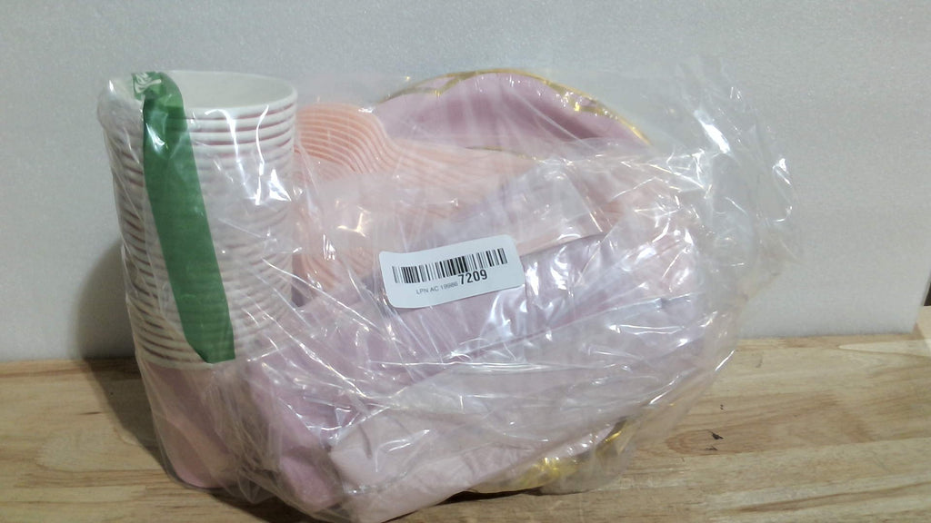 Platos y servilletas de papel rosas para fiestas de 24 invitados, 168 piezas. Plato rosa festoneado para fiesta del Día de la Madre con borde dorado. Juego de platos desechables rosas para fiestas de cumpleaños de niñas