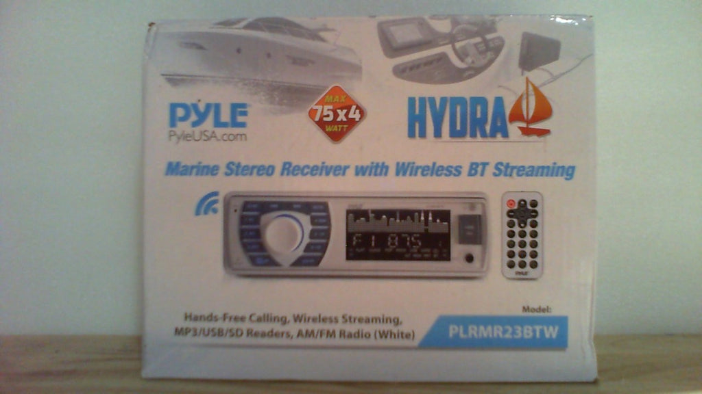 Receptor estéreo marino Bluetooth Pyle - Sistema receptor de radio para embarcaciones de 12 V, estilo DIN simple, con pantalla LCD digital, RCA, MP3, USB, SD, radio AM/FM - Control remoto, arnés de cableado - PLRMR23BTW (Blanco)