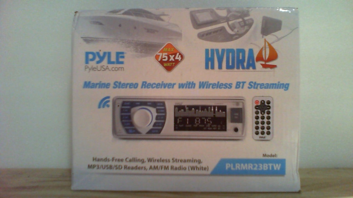 Receptor estéreo marino Bluetooth Pyle - Sistema receptor de radio para embarcaciones de 12 V, estilo DIN simple, con pantalla LCD digital, RCA, MP3, USB, SD, radio AM/FM - Control remoto, arnés de cableado - PLRMR23BTW (Blanco)