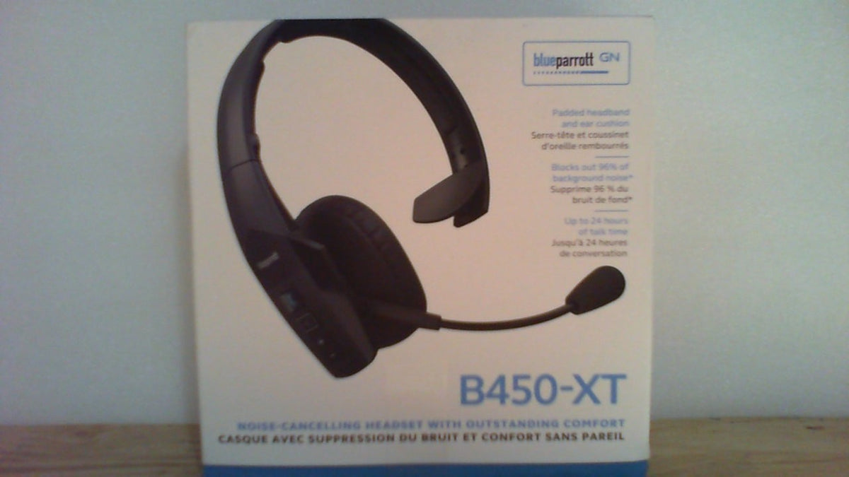 Auriculares inalámbricos Bluetooth mono BlueParrott B450-XT con cancelación de ruido del 96%, diseño tipo camionero, con micrófono, diadema acolchada para mayor comodidad durante todo el día, amplio alcance inalámbrico y hasta 24 horas de conversación