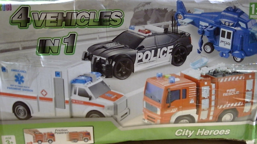 JOYIN Packs de 4 vehículos de emergencia de juguete, vehículos de fricción con luz y sonido, que incluyen camión de bomberos, ambulancia, coche de policía de juguete y helicóptero, regalo para niños pequeños.