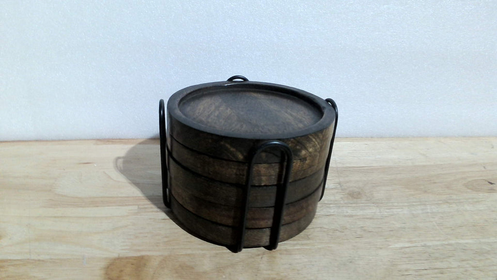 Posavasos de madera de mango SAMHITA para bebidas con soporte de hierro, juego de 5 para vasos, protección para cualquier tipo de mesa.