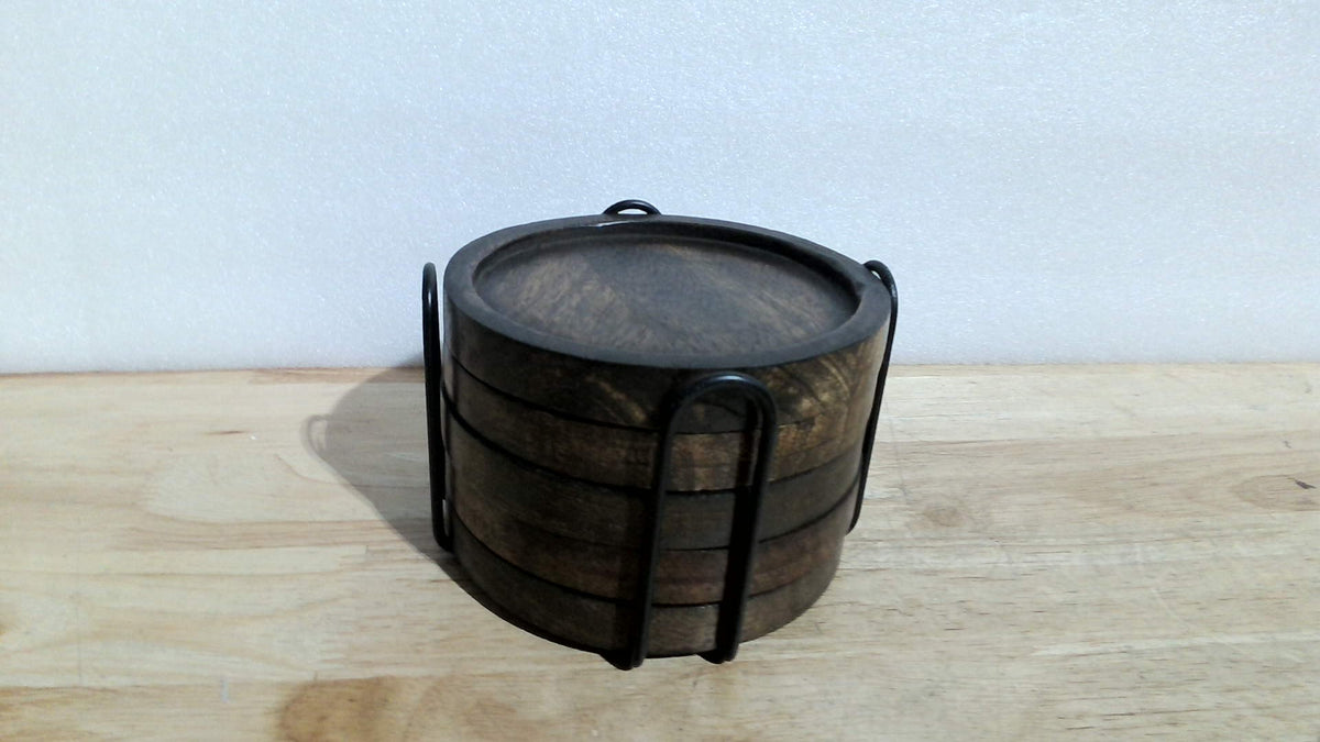 Posavasos de madera de mango SAMHITA para bebidas con soporte de hierro, juego de 5 para vasos, protección para cualquier tipo de mesa.