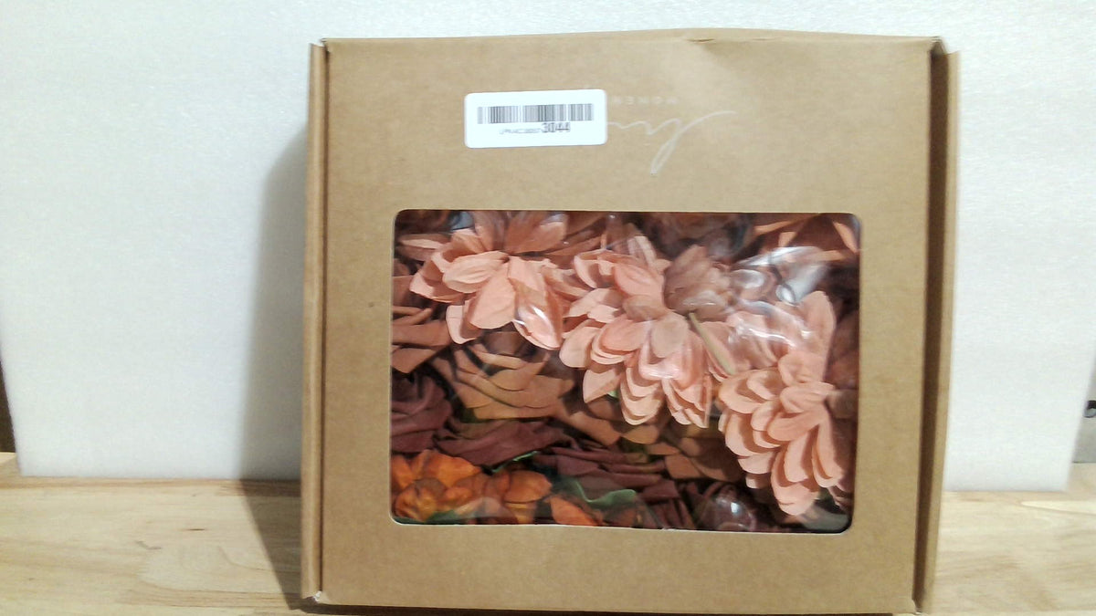 caja combinada de flores artificiales de espuma premium marca Ling's Moment, específicamente de su línea DIY de dalias y rosas artificiales en tonos Terracota / Naranja Quemado