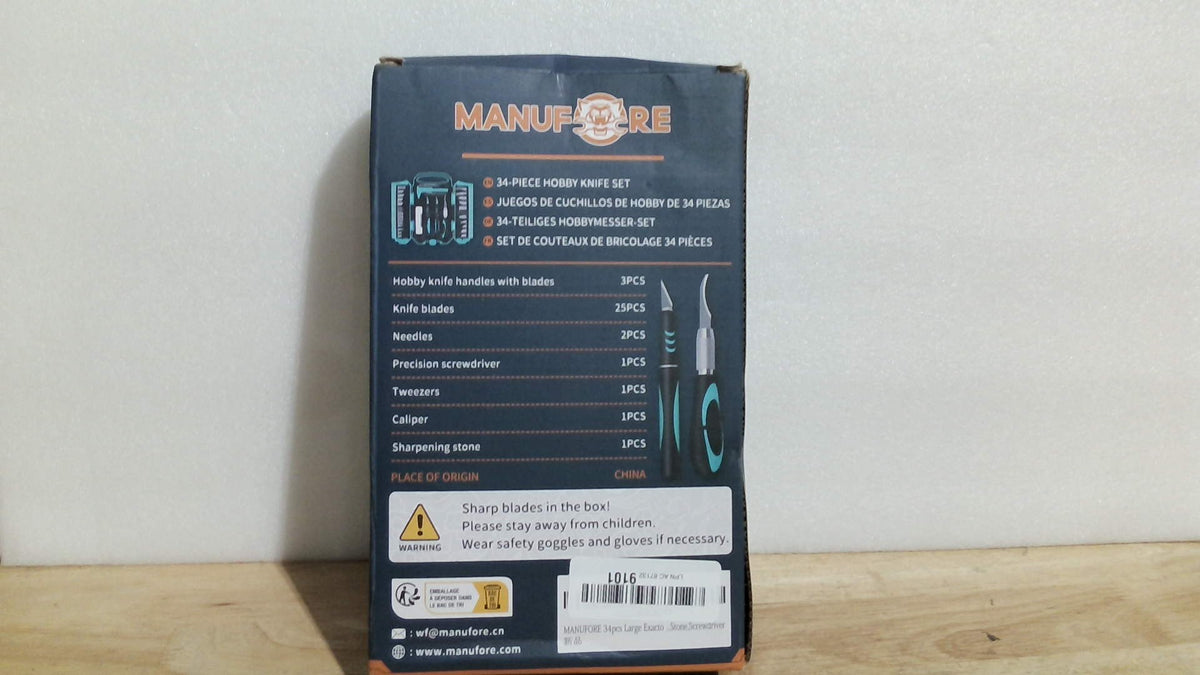 MANUFORE Set de Cuchillo Exacto 34 Piezas | Kit de Precisión Deluxe Azul | 3 Cuchillos con Agarre de Goma, 25 Hojas, 2 Agujas, Piedra de Afilar y Destornillador