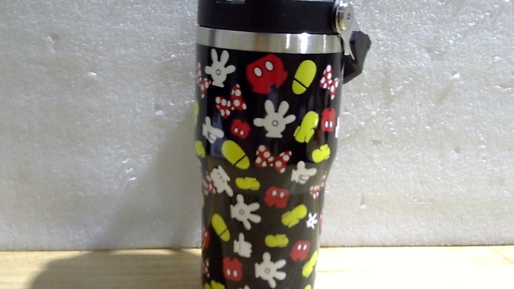 Sxdcfrs Vaso Termico Diseno Raton Caricatura 20oz | con Tapa, Pajilla Abatible y Asa | Acero Inoxidable Aislado | Negro | Regalo