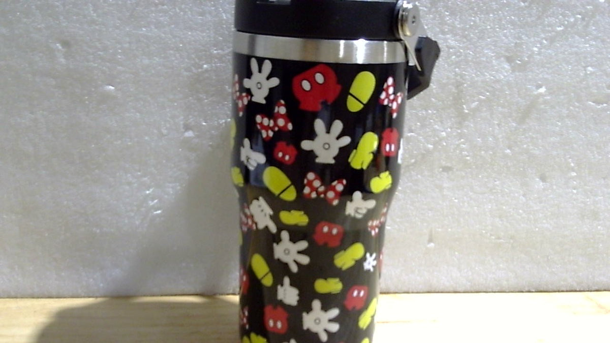 Sxdcfrs Vaso Termico Diseno Raton Caricatura 20oz | con Tapa, Pajilla Abatible y Asa | Acero Inoxidable Aislado | Negro | Regalo