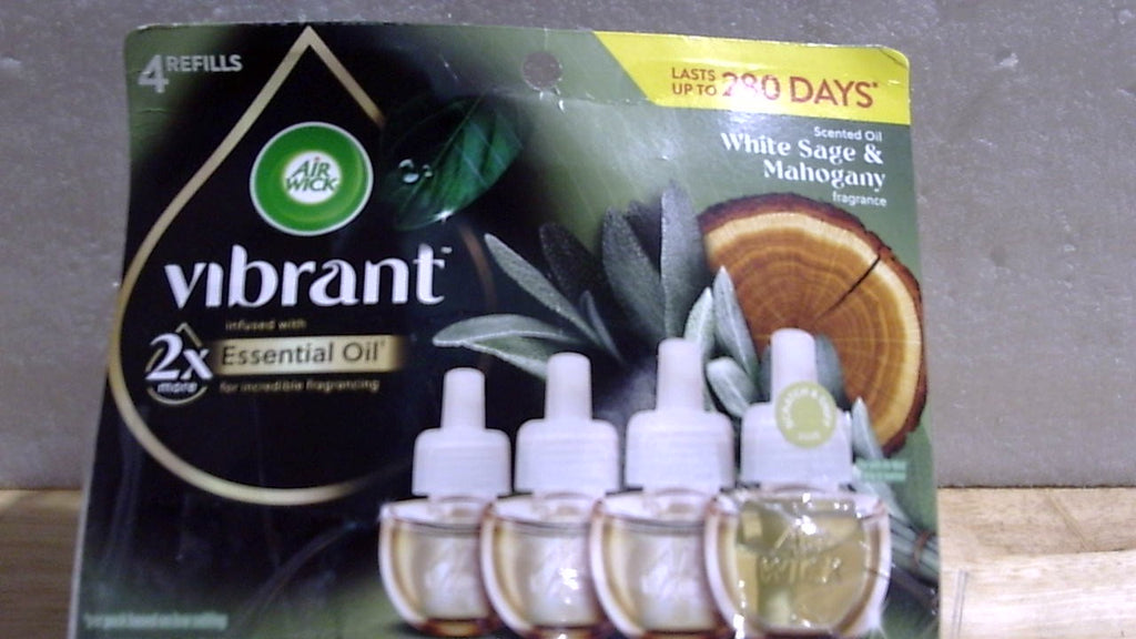 Air Wick Repuesto de Aceite Perfumado Vibrant | Con Aceites Esenciales, Enchufable | Salvia Blanca y Caoba, 4 Unidades