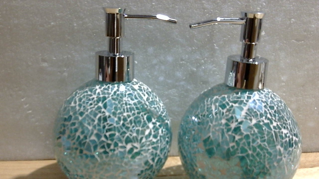 COLOR TURQUESA-WHOLE HOUSEWARES Dispensador de Jabon de Vidrio Mosaico | Botella de Locion para Bano Cocina Bomba de Plastico Cromado 414ml Set de 2 Turquesa