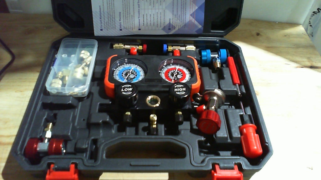 Set de Manómetros para AC Sejaede | Manifold de 3 Vías para R22, R410A y R134a | con Válvulas de Seguridad, Mangueras de 5 pies, Adaptadores y Toma Universal | Kit de Recarga de Refrigerante