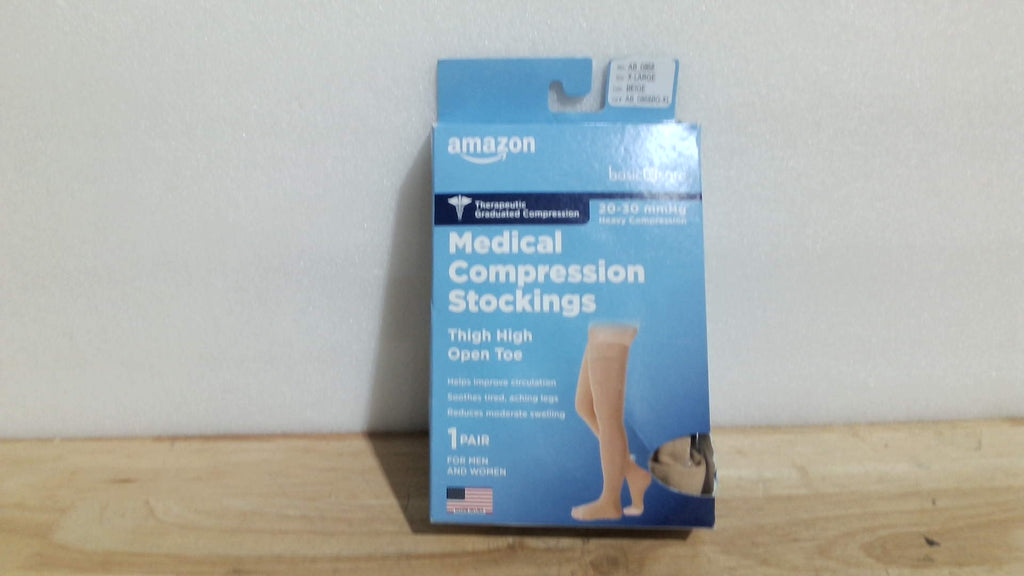 Amazon Basic Care Medias de Compresion Medica para Circulacion, Varices, Edema e Hinchazon | 20-30 mmHg | Mujer y Hombre, Largo Muslo, Punta Abierta | Beige, Talla XL
