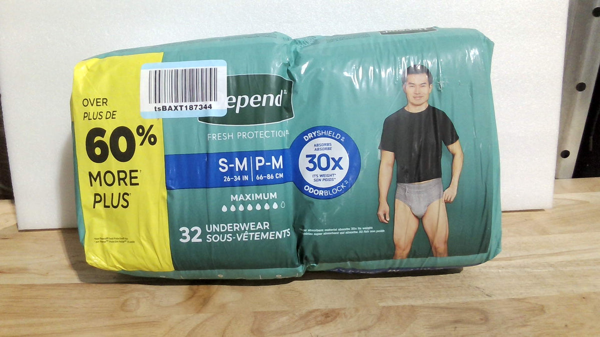 Pañales Depend Fresh Protection para Adultos | Ropa Interior para Incontinencia Masculina | Desechables, Máxima Absorción, Talla S/M, Gris, 32 Unidades
