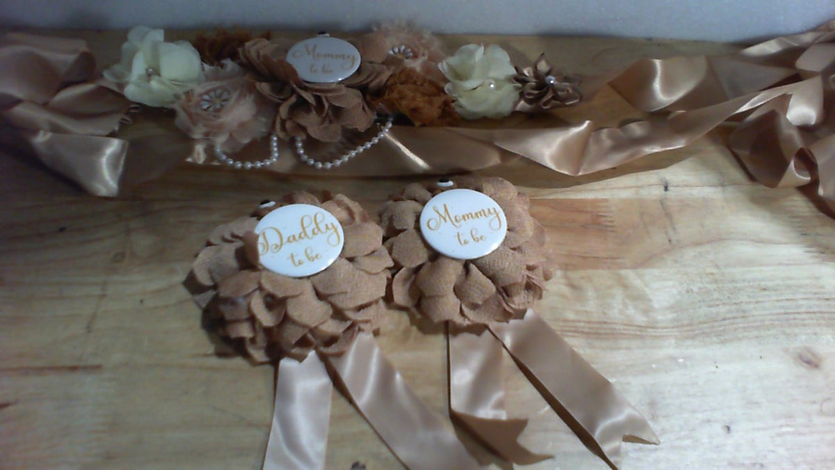 Rosavida Set de Banda de Maternidad con Oso de Peluche | Corsage para Mama y Papa | Recuerdo de Baby Shower y Gender Reveal (Cafe)