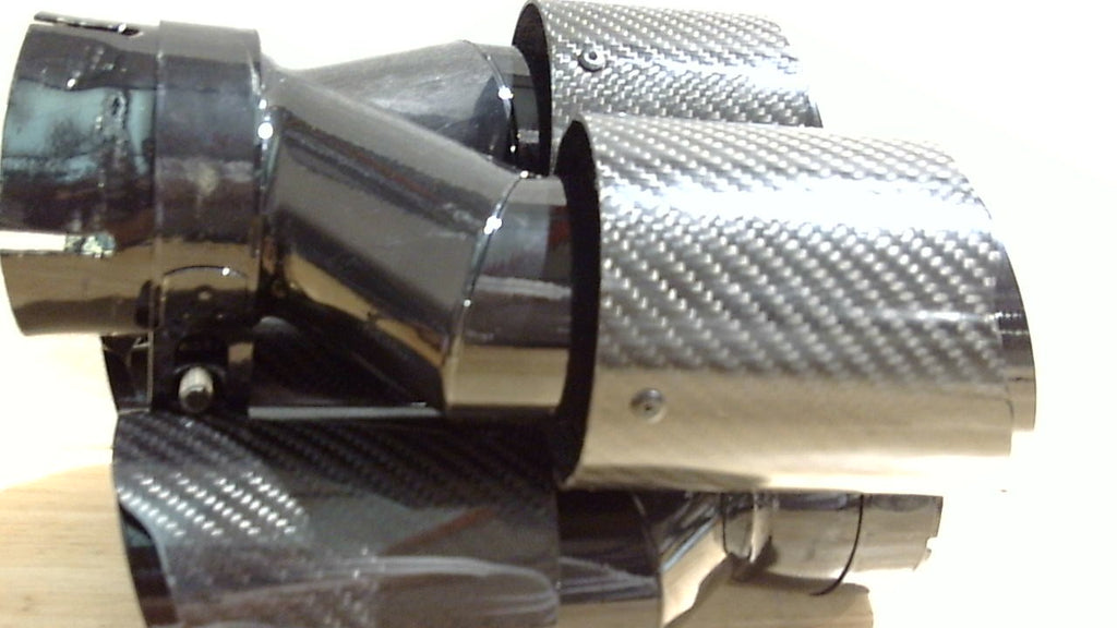 USADO-PAQUETE DE 2 PIEZAS-Tubo de Escape Punta Silenciador Fibra Carbono Negra Brillante para Coche Tubo Escape Doble Salida En Forma Y Universal Acero Inoxidable Puntas de Escape