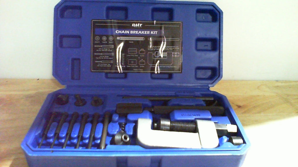 USADO Orion Motor Tech Herramienta para Remachar Cadena de Moto | Kit de 20 Piezas con Marco C Recubierto en Polvo | 5 Pines y Cap de Pre-Prensado | para Cadenas de Moto y ATV de 25 a 630