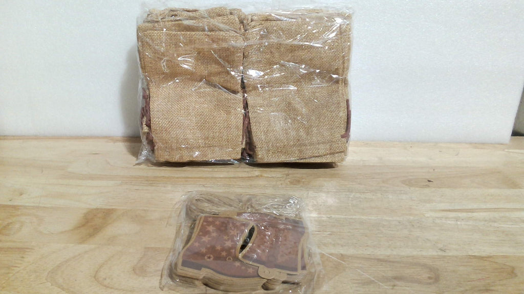 PROCDUCTO VIENE COMO SE MUESTRA EN LA SEGUNDA IMAGEN ) Mooliwe de Yute con Cordón y Etiqueta de Bota | Estilo Vaquero Western | 4 x 6 Pulgadas Reutilizables para Fiestas y Recuerdos | Café