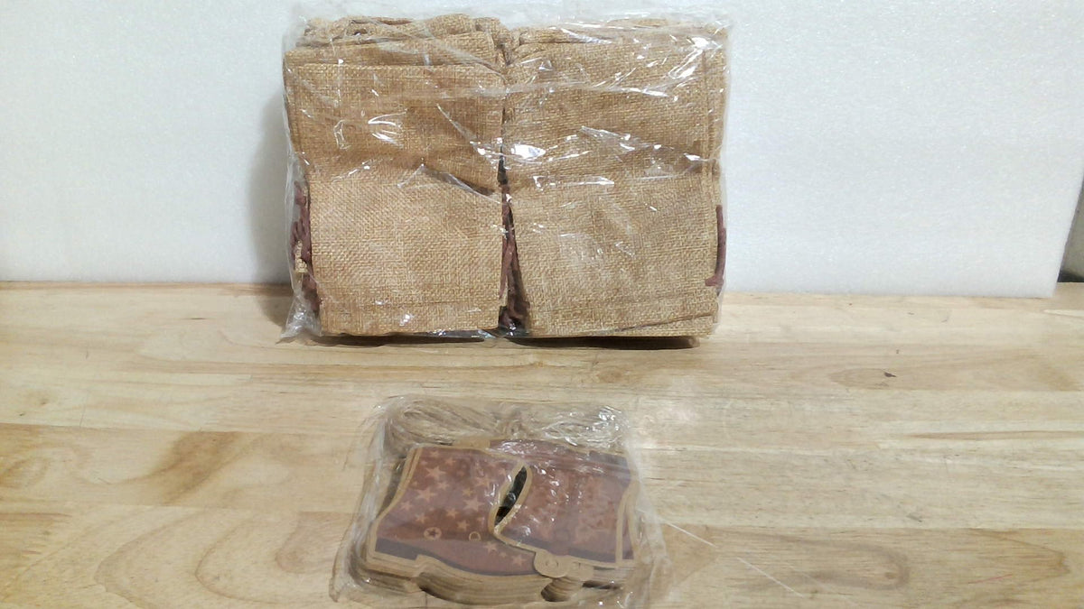 PROCDUCTO VIENE COMO SE MUESTRA EN LA SEGUNDA IMAGEN ) Mooliwe de Yute con Cordón y Etiqueta de Bota | Estilo Vaquero Western | 4 x 6 Pulgadas Reutilizables para Fiestas y Recuerdos | Café
