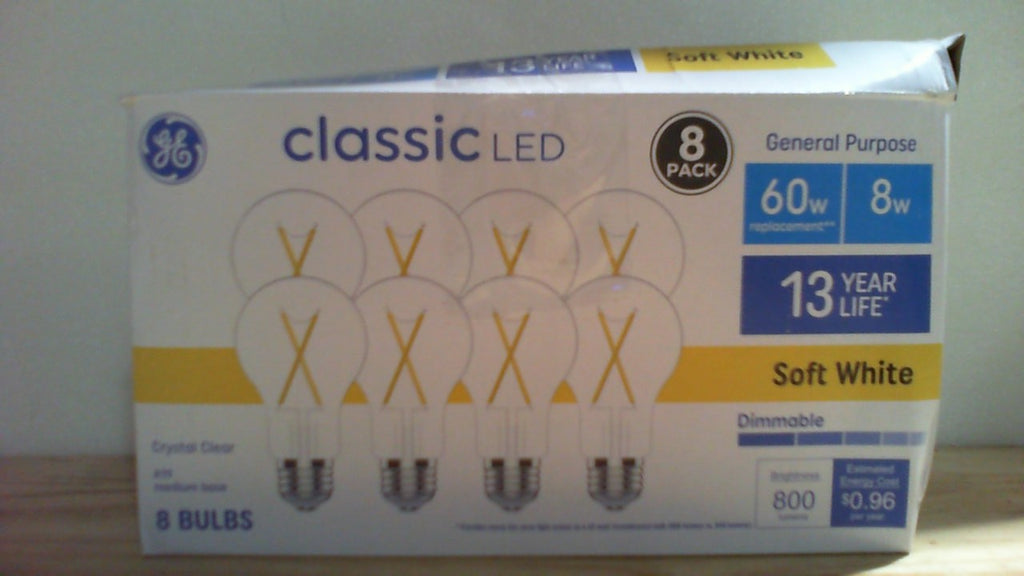 GE Bombillo LED 60W Equivalente A19 | Cristal Clasico Transparente, Luz Blanca Suave, Base Media E26, Regulable, Pack de 8
