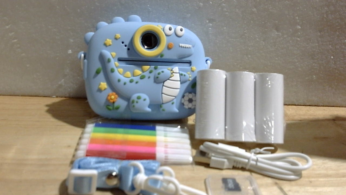 Cámara infantil de impresión instantánea con diseño de dinosaurio azul y kit de accesorios