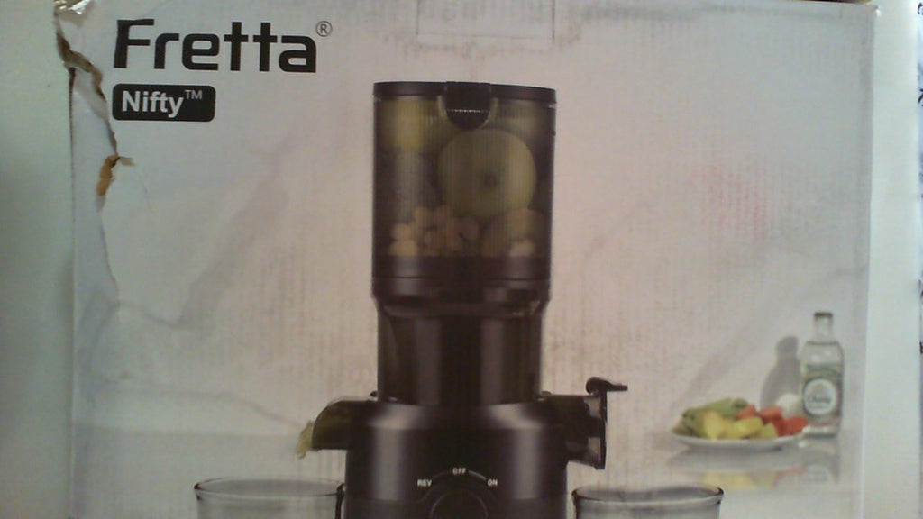 SIN UN ESTEREOFON EN CAJA NI CEPILLO LIMPIADOR. Extractor de Jugos Fretta de Prensado en Frío | Compacto con Material PCTG Libre de BPA | Apto para Frutas y Verduras Enteras | Fácil de Limpiar | Negro 1.0L