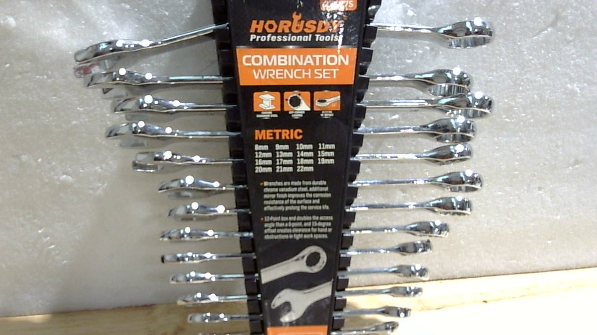 USADO Y FALTA UNA PIEZA-HORUSDY Set de 15 Llaves Metricas Combinadas 8-22mm | Maximo Torque, 12 Puntos, Acero Cromo Vanadio | con Soporte de Almacenamiento